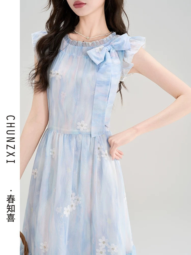 Chun Zhixi summer beautiful floral small flying sleeve dress women's summer new waist slimming beautiful small skirt