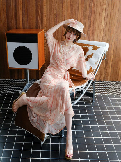 MIUCO elegant holiday style dress striped three-quarter bat sleeves V-neck tie waist beach long dress elegant summer