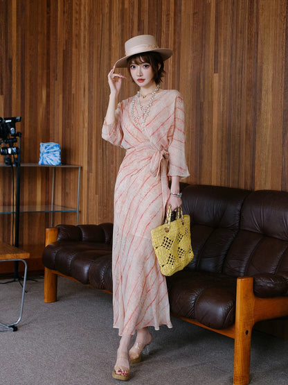 MIUCO elegant holiday style dress striped three-quarter bat sleeves V-neck tie waist beach long dress elegant summer
