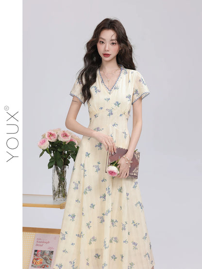 Youxiang [Picnic Diary] V-neck floral dress for women 2025 summer new waist-tie slim long dress
