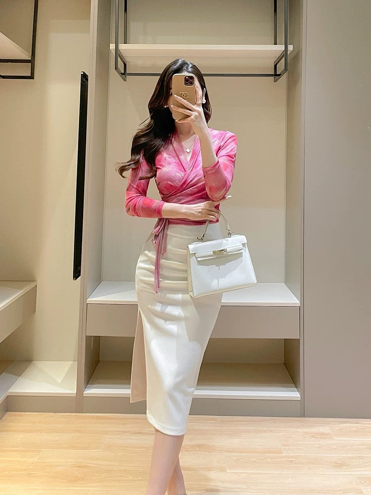 Rose pink printed ice silk mesh top for women summer new style fashionable and feminine V-neck long-sleeved strappy top