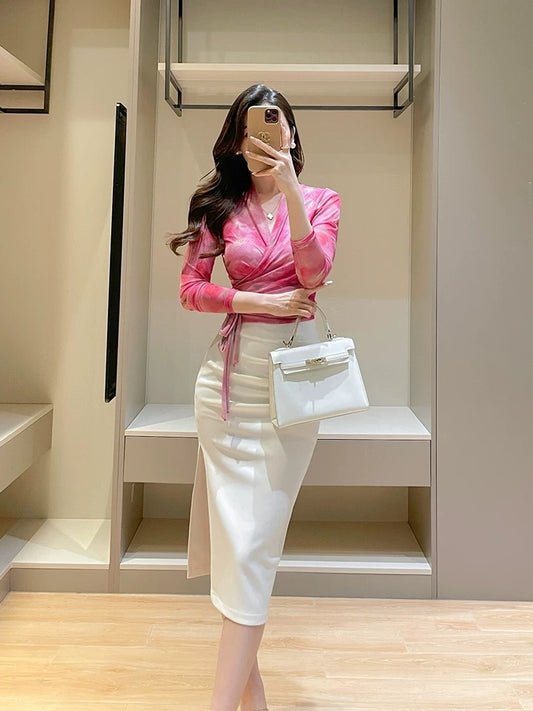 Rose pink printed ice silk mesh top for women summer new style fashionable and feminine V-neck long-sleeved strappy top