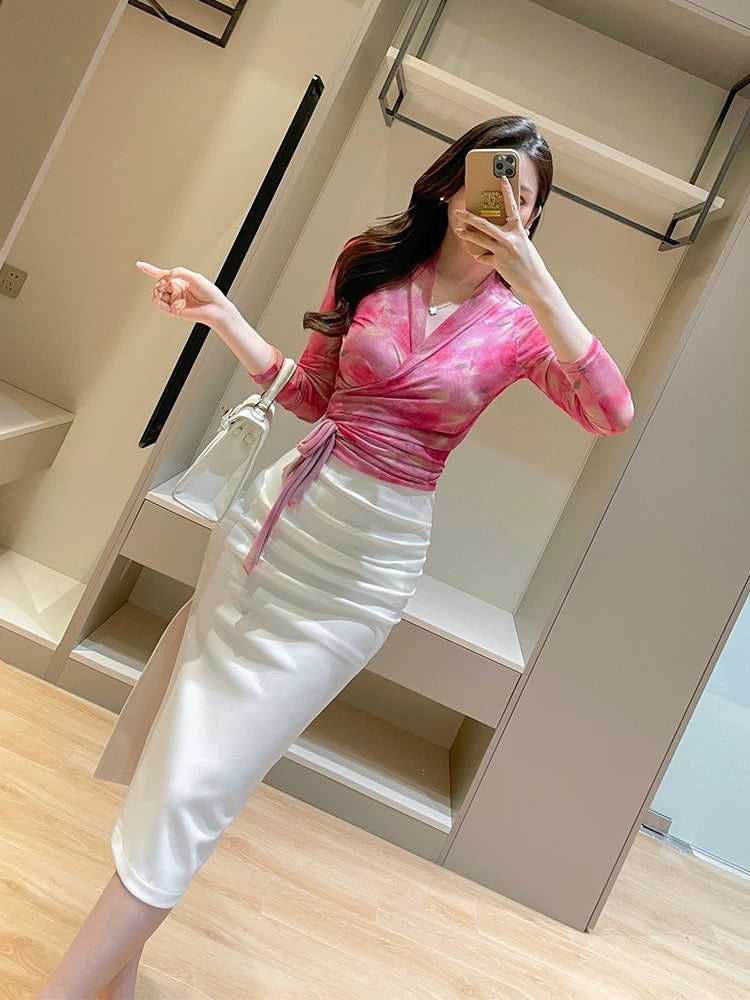 Rose pink printed ice silk mesh top for women summer new style fashionable and feminine V-neck long-sleeved strappy top