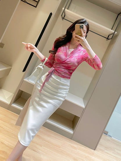 Rose pink printed ice silk mesh top for women summer new style fashionable and feminine V-neck long-sleeved strappy top