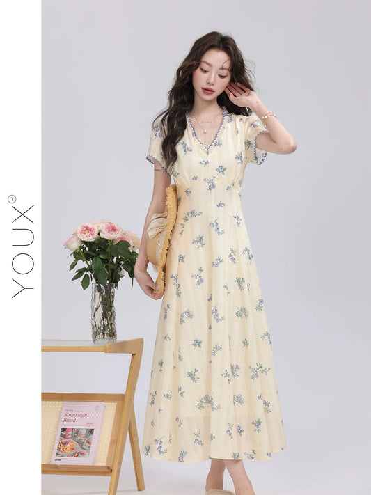 Youxiang [Picnic Diary] V-neck floral dress for women 2025 summer new waist-tie slim long dress