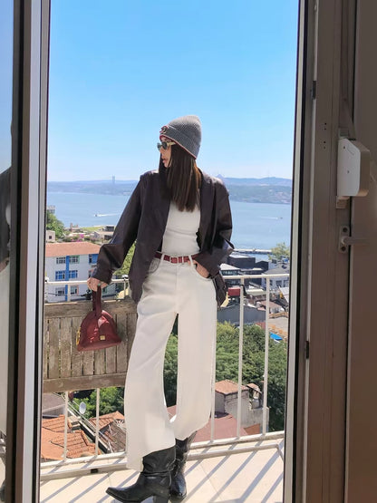 Li Li Li Wanjun "Twisted-Weave White" High-Waisted Wide-Leg Jeans – White, Loose-Fit, Drapey, with Side Lace Trim