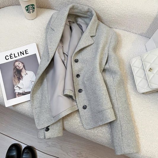 2025 new autumn and winter gray short woolen suit jacket women's Korean style casual fashion small size street suit