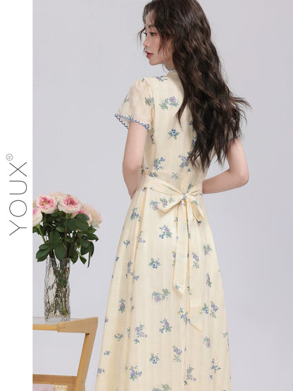 Youxiang [Picnic Diary] V-neck floral dress for women 2025 summer new waist-tie slim long dress