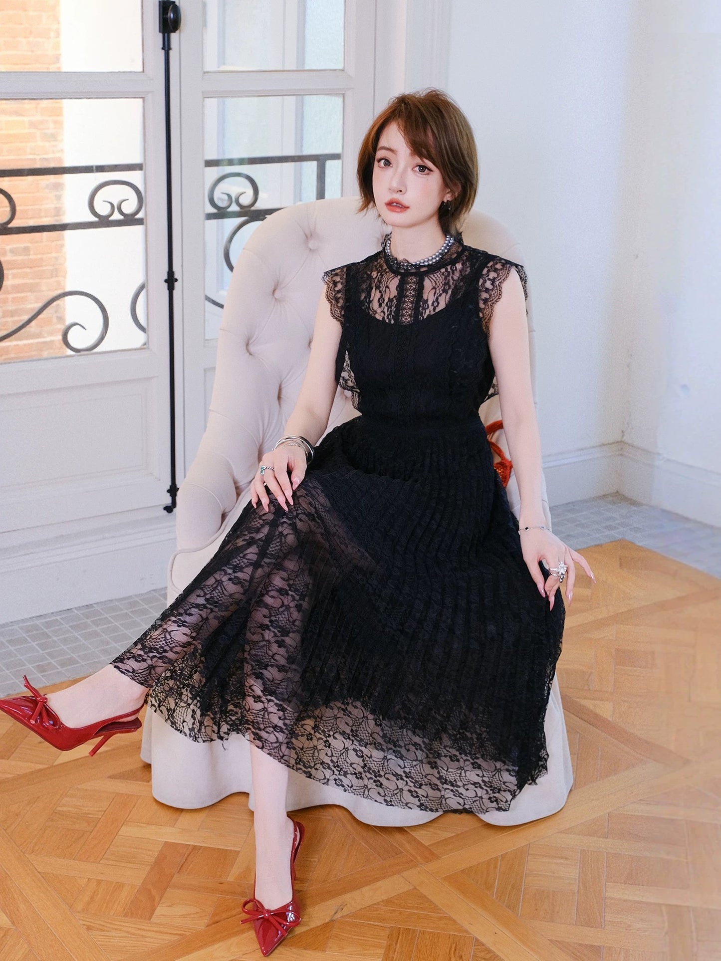 MIUCO French temperament lace little black dress sleeveless high waist A-line mid-length dress great summer dress