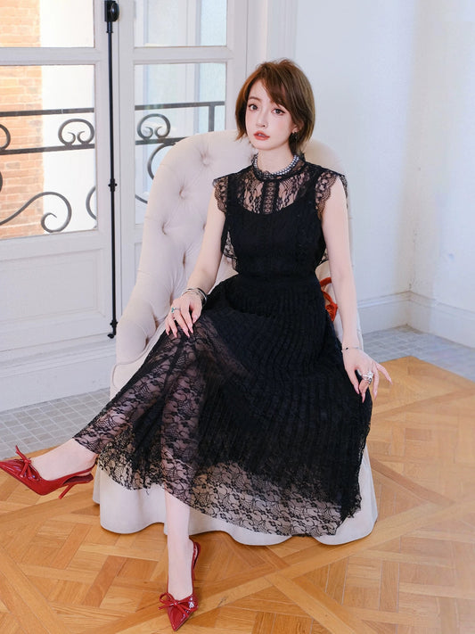 MIUCO French temperament lace little black dress sleeveless high waist A-line mid-length dress great summer dress