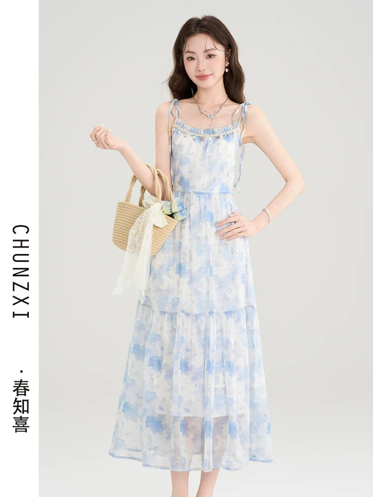 Spring Zhixi Tea Break French Floral Suspender Dress Summer New Fairy Skirt Temperament Super Fairy Waist Long Skirt