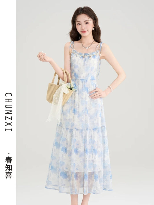 Spring Zhixi Tea Break French Floral Suspender Dress Summer New Fairy Skirt Temperament Super Fairy Waist Long Skirt