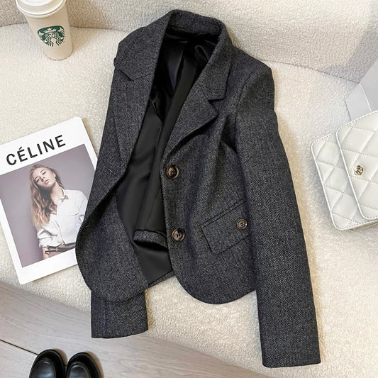 Gray high-grade woolen short suit jacket for women 2025 autumn and winter new style petite and stylish versatile suit