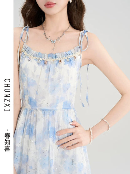 Spring Zhixi Tea Break French Floral Suspender Dress Summer New Fairy Skirt Temperament Super Fairy Waist Long Skirt