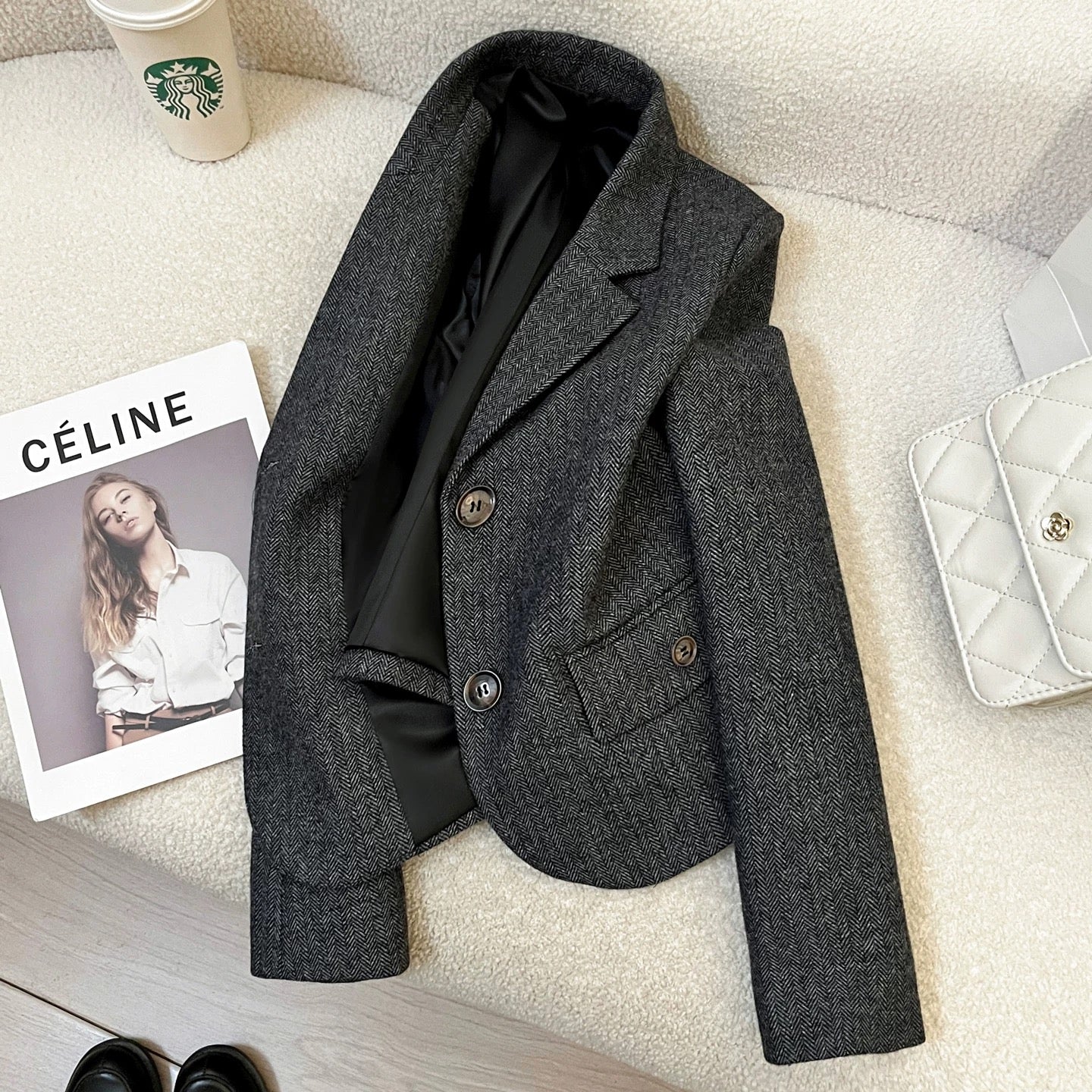 Gray high-grade woolen short suit jacket for women 2025 autumn and winter new style petite and stylish versatile suit