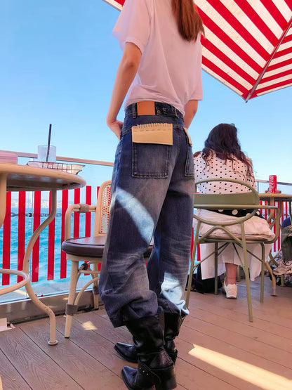 Li Wanjun Women's Retro American-Style Color-Block Pocket Wide-Leg Jeans – Slimming, Relaxed, Versatile Washed Denim for Autumn