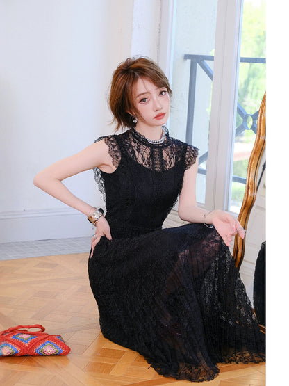 MIUCO French temperament lace little black dress sleeveless high waist A-line mid-length dress great summer dress