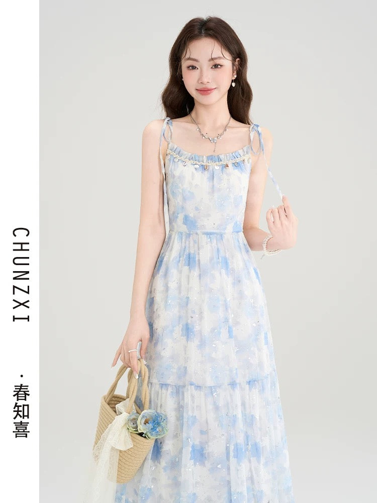 Spring Zhixi Tea Break French Floral Suspender Dress Summer New Fairy Skirt Temperament Super Fairy Waist Long Skirt