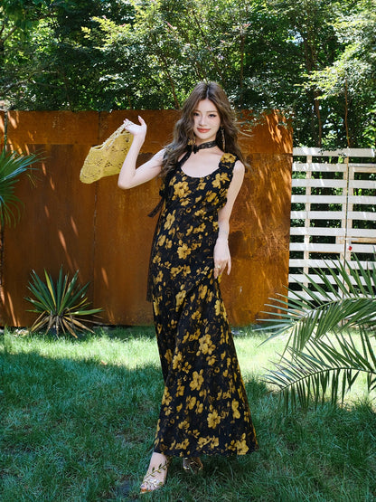 MIUCO French style dress with beautiful temperament, floral fishtail skirt, tea break skirt, sleeveless beach dress
