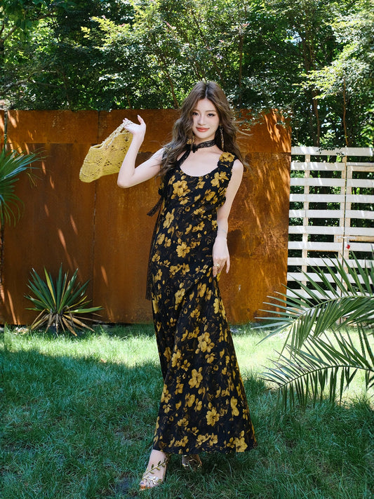 MIUCO French style dress with beautiful temperament, floral fishtail skirt, tea break skirt, sleeveless beach dress