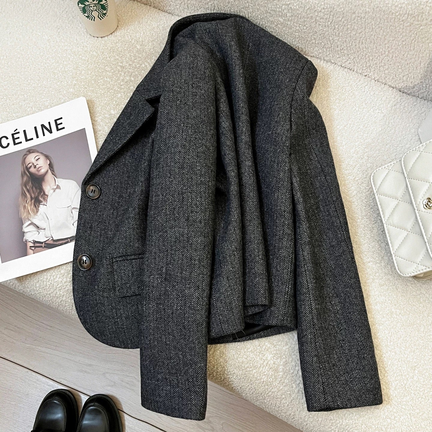 Gray high-grade woolen short suit jacket for women 2025 autumn and winter new style petite and stylish versatile suit