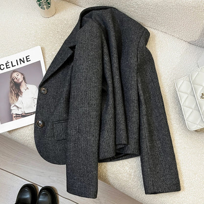 Gray high-grade woolen short suit jacket for women 2025 autumn and winter new style petite and stylish versatile suit