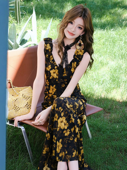 MIUCO French style dress with beautiful temperament, floral fishtail skirt, tea break skirt, sleeveless beach dress