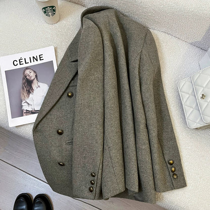 Gray-green retro and fashionable woolen suit jacket for women 2025 autumn and winter new style high-end temperament goddess style suit