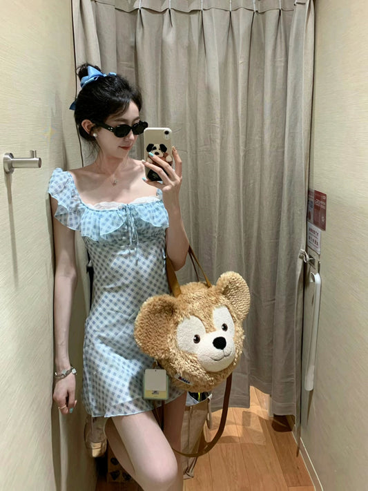 kumikumi French flying sleeves blue plaid dress women's summer niche design waist tie short skirt