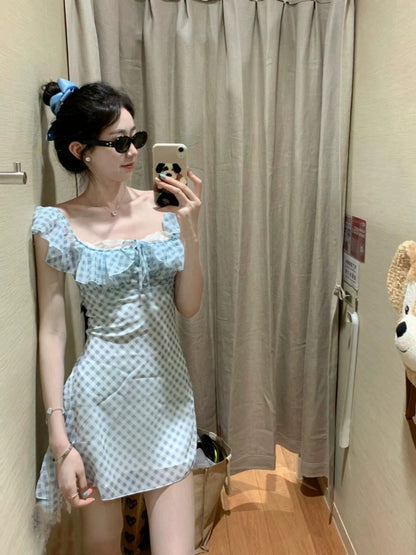 kumikumi French flying sleeves blue plaid dress women's summer niche design waist tie short skirt