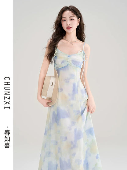 Spring Zhixi Tea Break French Gentle Style Tie-Dye Printed Suspender Dress Women's Summer New Style Beautiful Waist Long Dress