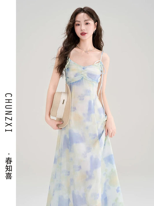 Spring Zhixi Tea Break French Gentle Style Tie-Dye Printed Suspender Dress Women's Summer New Style Beautiful Waist Long Dress