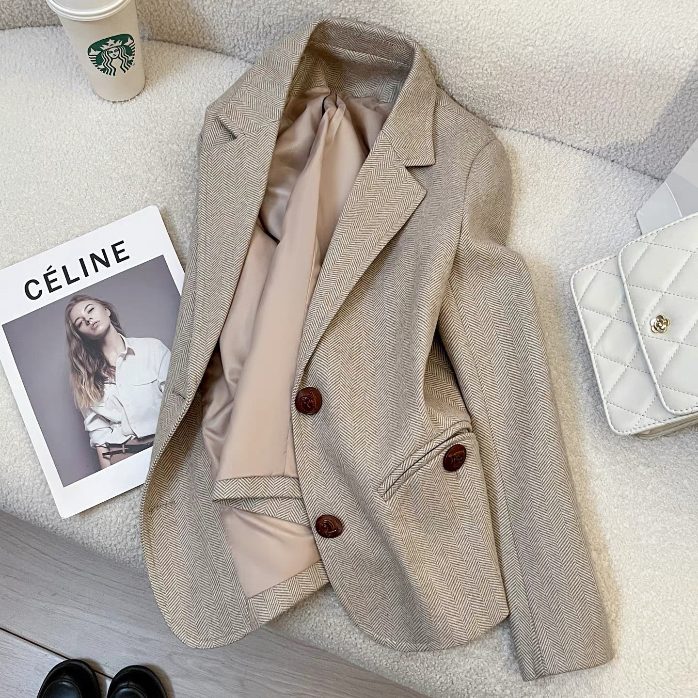 Khaki wool suit jacket for women 2025 autumn and winter new style small size high-end fashion street style versatile suit