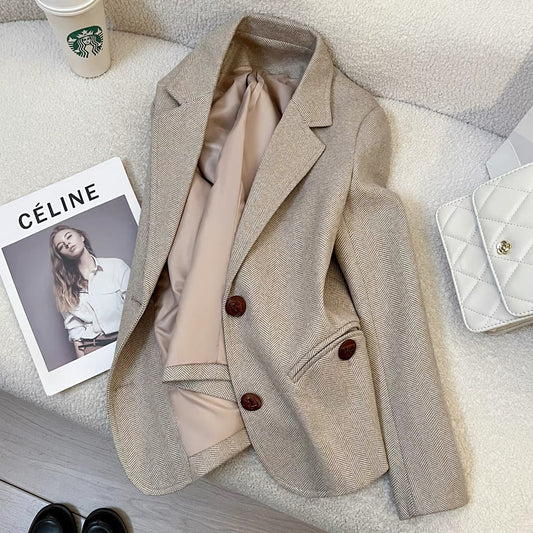 Khaki wool suit jacket for women 2025 autumn and winter new style small size high-end fashion street style versatile suit