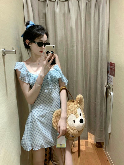 kumikumi French flying sleeves blue plaid dress women's summer niche design waist tie short skirt