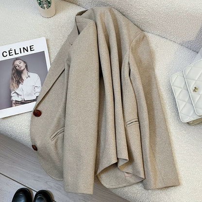 Khaki wool suit jacket for women 2025 autumn and winter new style small size high-end fashion street style versatile suit