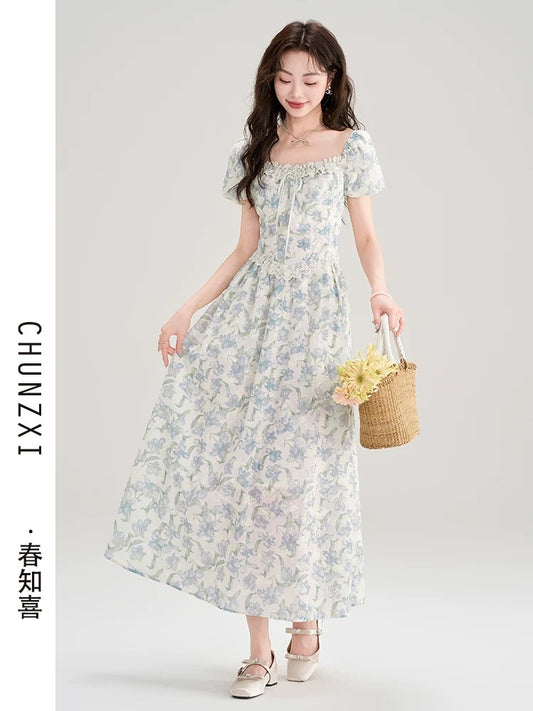 Spring Zhixi tea break French gentle style floral dress summer fairy dress temperament super fairy long dress high-end