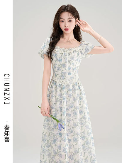 Spring Zhixi tea break French gentle style floral dress summer fairy dress temperament super fairy long dress high-end