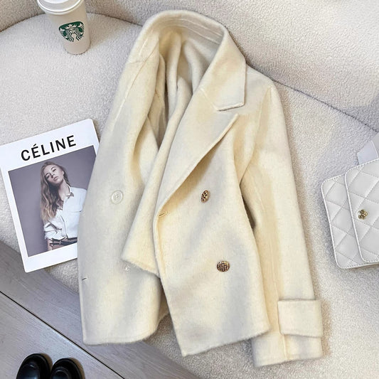 Beige high-end double-faced wool cashmere coat for women 2025 autumn and winter new style small size gentle age-reducing top trend