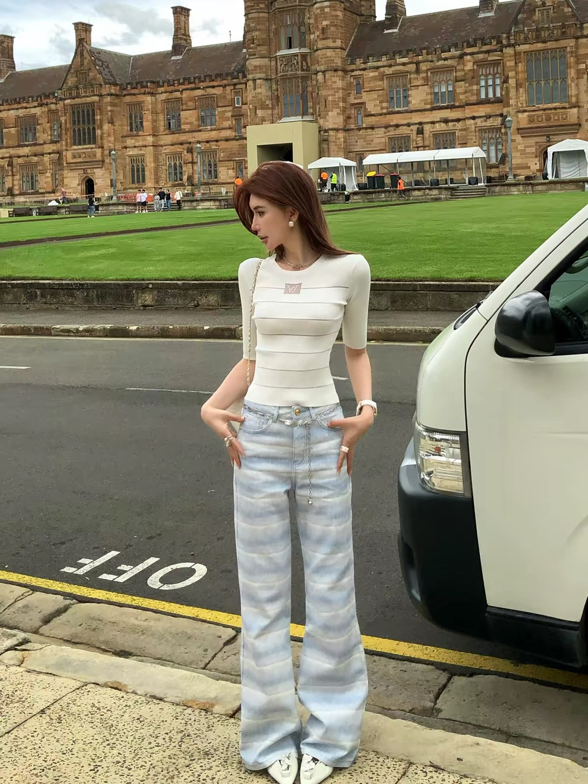 Li Wanjun [Cruise Vacation] Gradient-Stripe Pure Cotton Jeans – Korean-Style Mid-to-High Rise Stretch Trousers