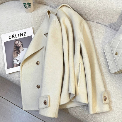Beige high-end double-faced wool cashmere coat for women 2025 autumn and winter new style small size gentle age-reducing top trend