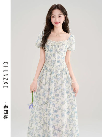 Spring Zhixi tea break French gentle style floral dress summer fairy dress temperament super fairy long dress high-end