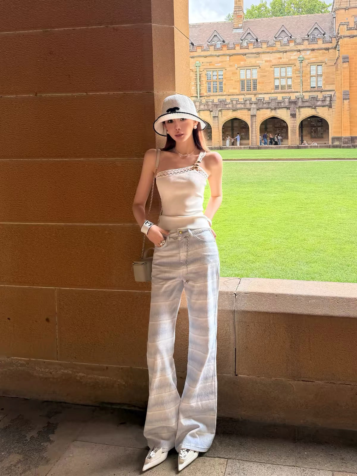 Li Wanjun [Cruise Vacation] Gradient-Stripe Pure Cotton Jeans – Korean-Style Mid-to-High Rise Stretch Trousers