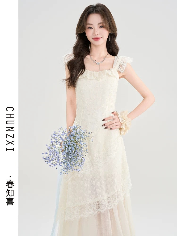 Chun Zhixi French style small flying sleeve suspender dress for women in summer new style seaside wear holiday style long dress high-end