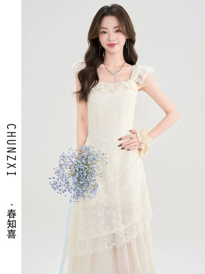 Chun Zhixi French style small flying sleeve suspender dress for women in summer new style seaside wear holiday style long dress high-end