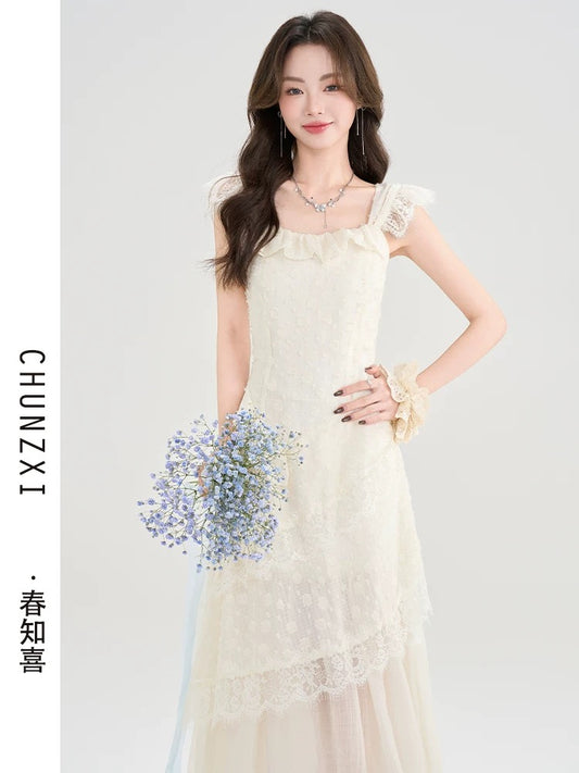 Chun Zhixi French style small flying sleeve suspender dress for women in summer new style seaside wear holiday style long dress high-end