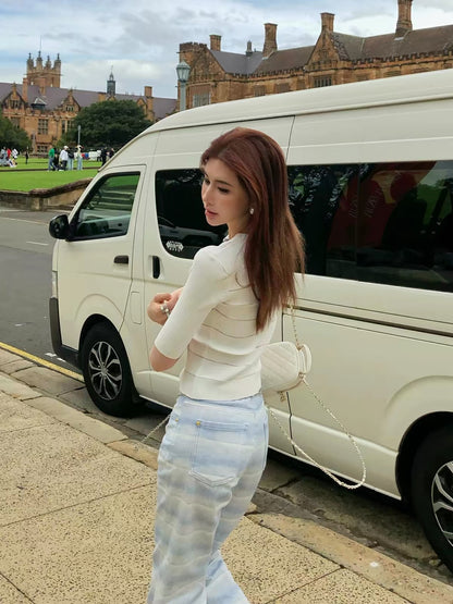 Li Wanjun [Cruise Vacation] Gradient-Stripe Pure Cotton Jeans – Korean-Style Mid-to-High Rise Stretch Trousers