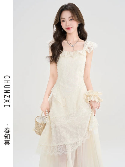 Chun Zhixi French style small flying sleeve suspender dress for women in summer new style seaside wear holiday style long dress high-end