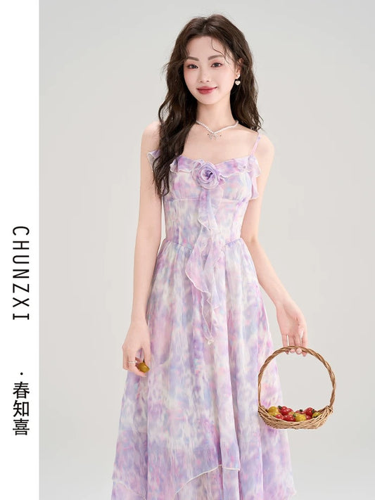 Chun Zhixi summer beautiful tie-dyed floral dress female summer new seaside holiday style beautiful suspender long dress