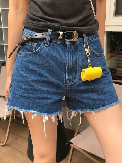 Li Li Li Wanjun 'Classic Style' High-Waisted Raw-Hem Blue Denim Shorts – Vintage, Loose-Fit, Slimming, and Versatile